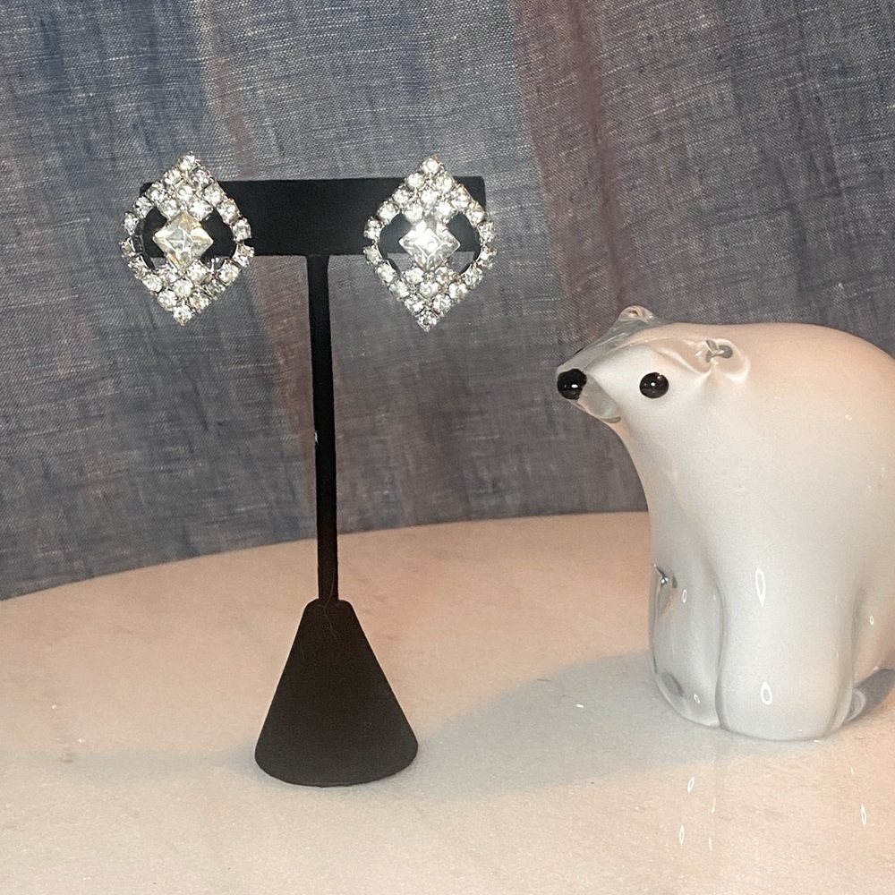 Vintage Rhinestone Clip-On Earrings Geometric Crystal Statement Jewelry